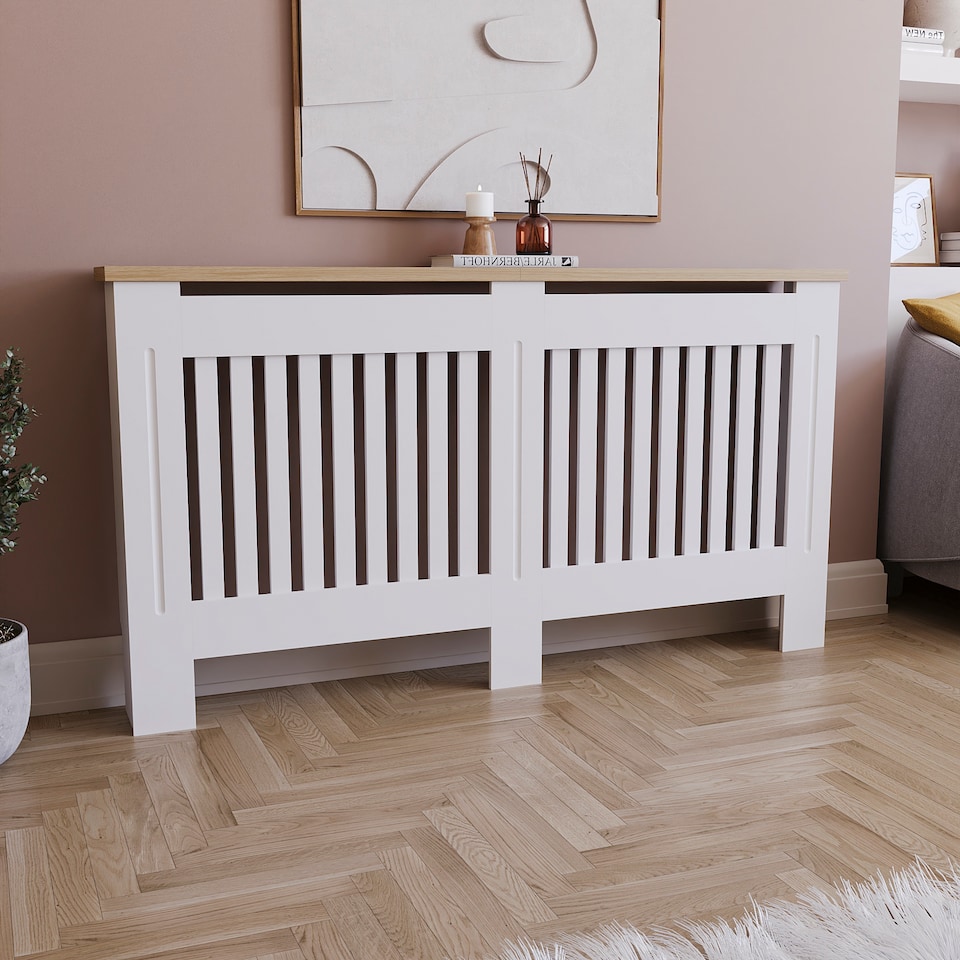 image 1 of Vida Designs Arlington Radiator Cover Painted MDF Slatted Cabinet, White, 152cm