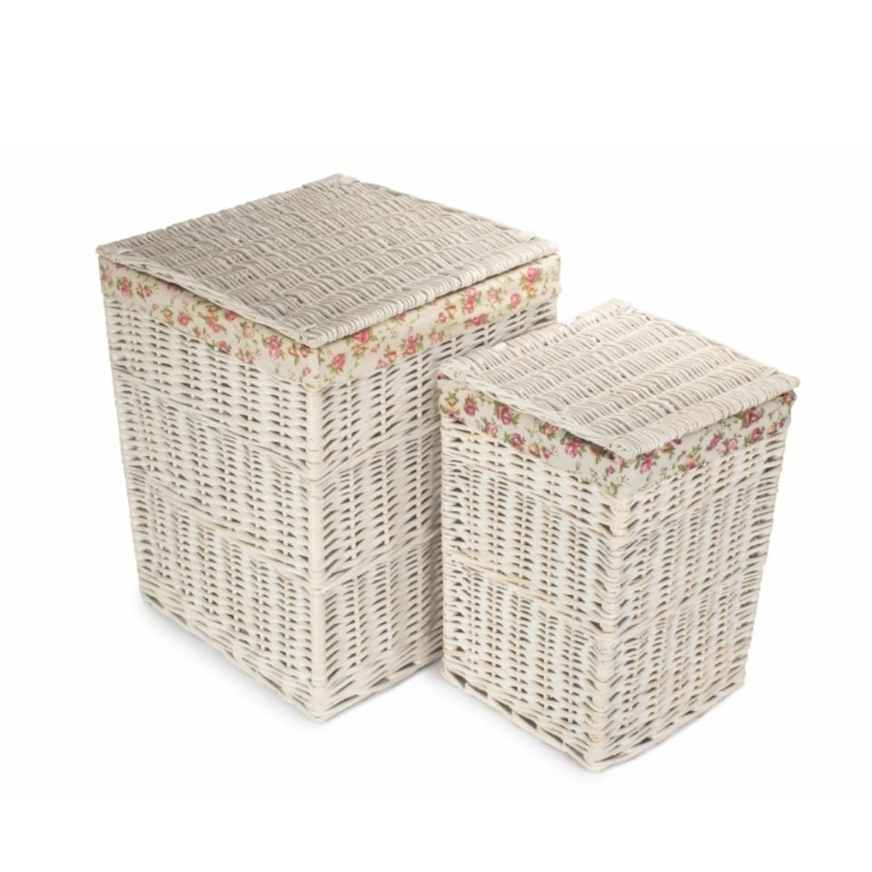 image 1 of Set of 2 Square White Wash Wicker Laundry Basket Rose Lining | Multi | Garden Rose
