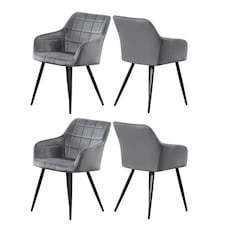 Set of 4 Camden Modern Velvet Dining Chairs with Armrests, Quilted Design & Black Metal Legs Grey | Dark Grey