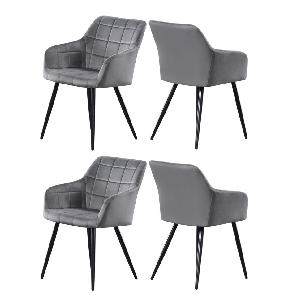 image 1 of Set of 4 Camden Modern Velvet Dining Chairs with Armrests, Quilted Design & Black Metal Legs Grey | Dark Grey