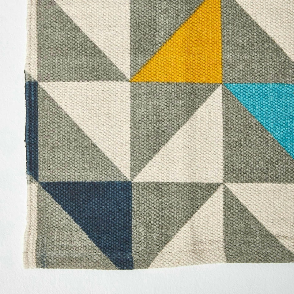 image 1 of Homescapes Copenhagen Blue, Yellow and Grey Cotton Geometric Style Scandi Printed Rug - 120 x 170 cm | Multi | White, grey, blue, yellow and black