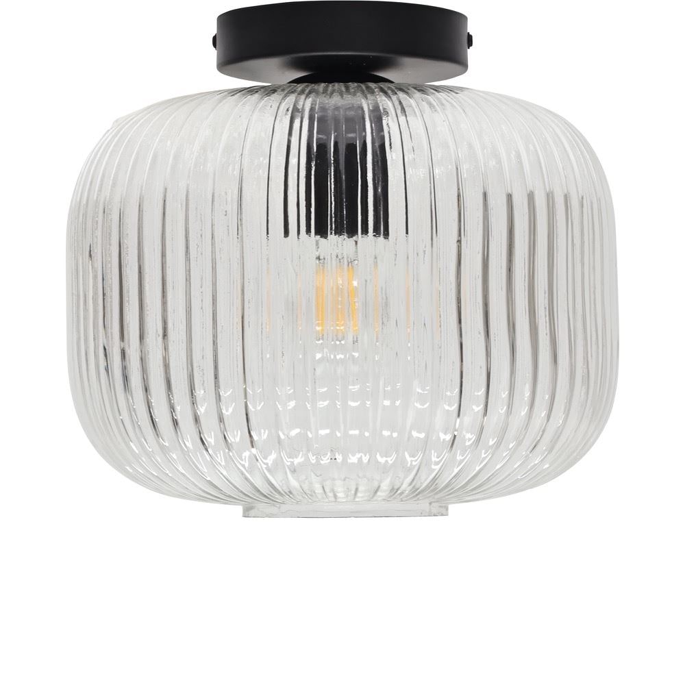 First Choice Lighting Batley Large - Clear Ribbed Glass Black Ceiling Light Fitting