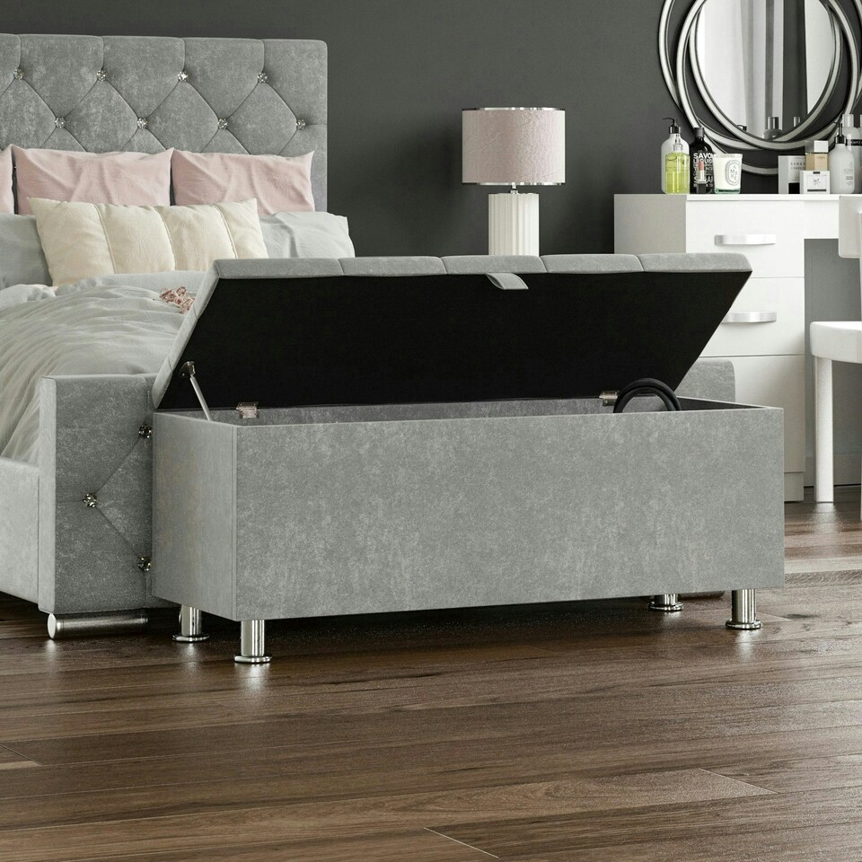 image 1 of Vida Designs Valencia Storage Ottoman Bedroom Hallway Chest Bench, Crushed Velvet Silver Silver | Crushed Velvet Silver