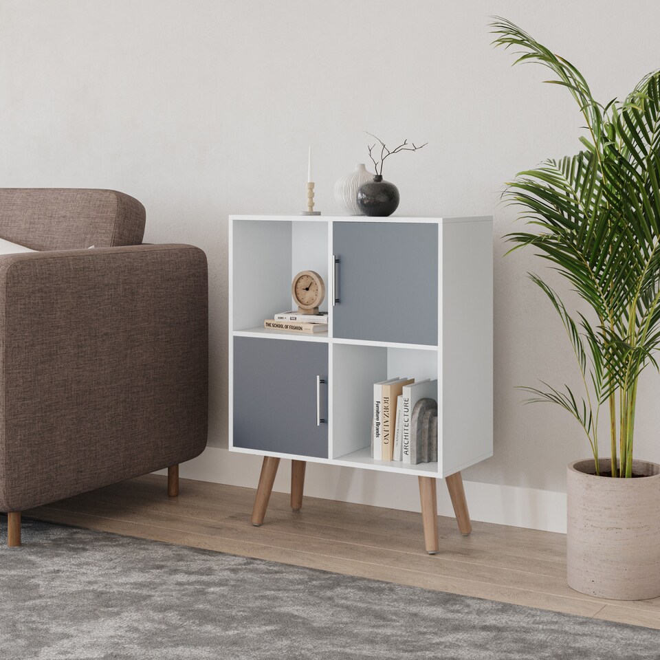 image 1 of White 4-Cube Storage Unit with 2 Metal Handle Doors and Legs | Grey | Grey & Beech | 1