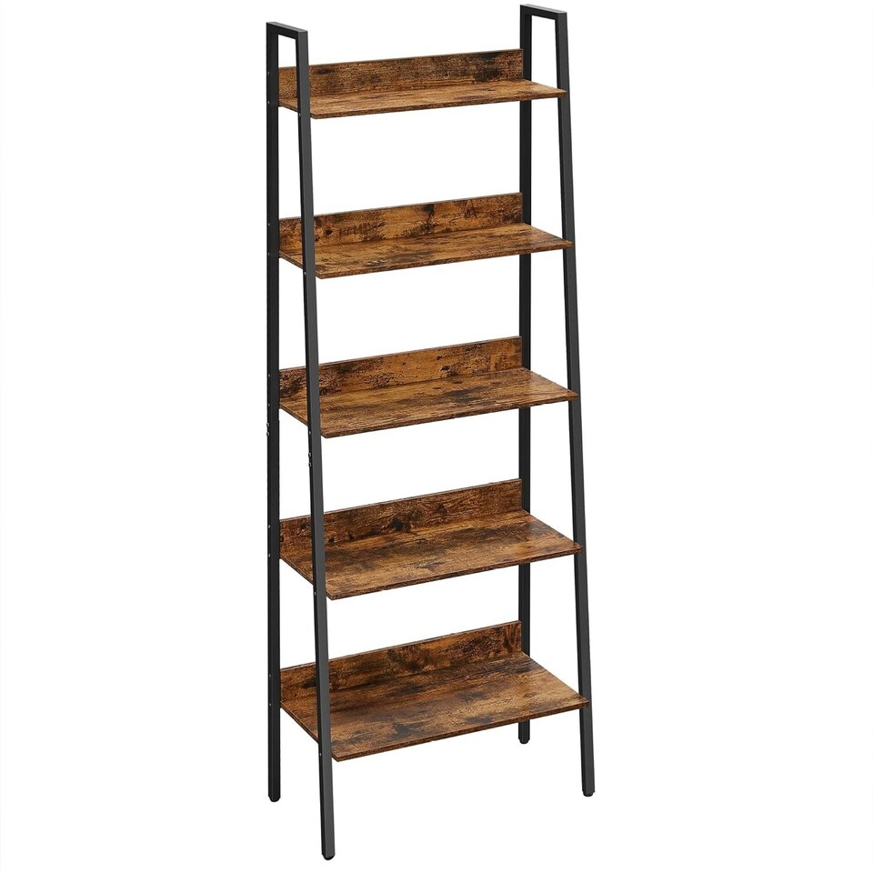 image 1 of 5-Tier Vertical Ladder Shelf Bookcase, Compact Industrial Storage Rack, Rustic Brown and Ink Black