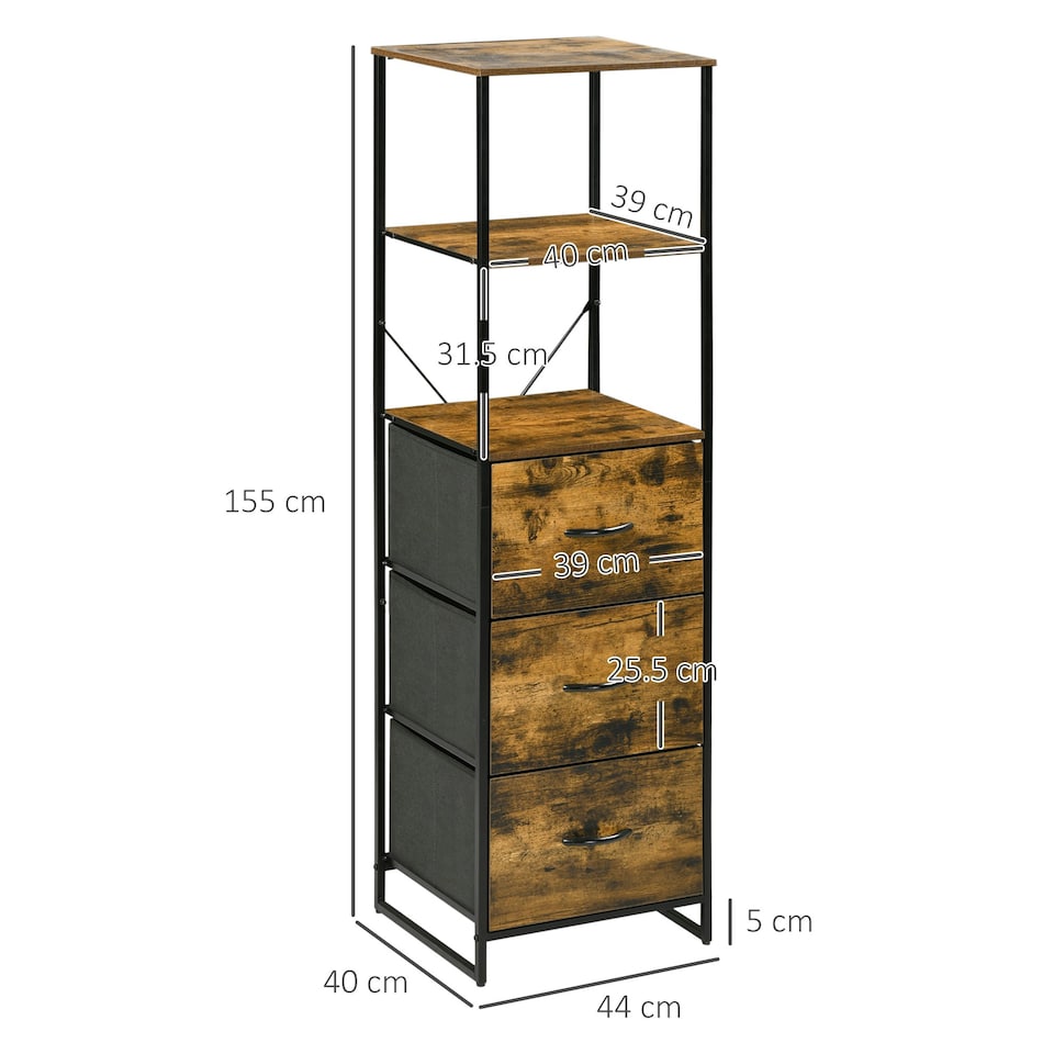 image 1 of HOMCOM Industrial Storage Cabinet with 2 Shelves 3 Fabric Drawers Rustic Brown