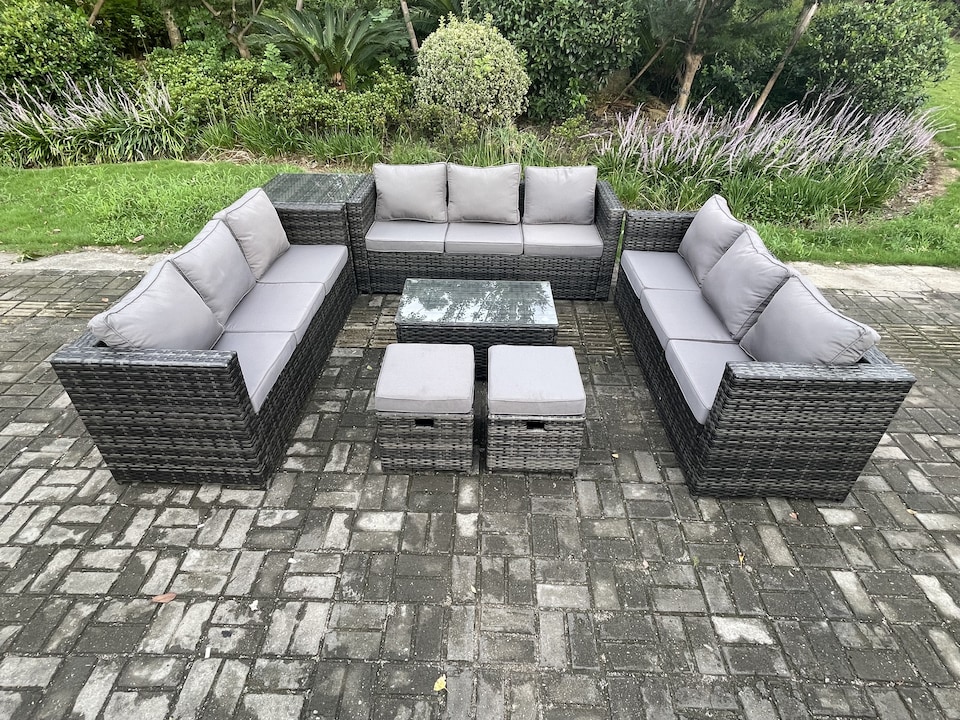 image 1 of Fimous Outdoor Lounge Sofa Set Wicker PE Rattan Garden Furniture Set with Oblong Coffee Table Side Table 2 Small Footstools Dark Grey Mixed