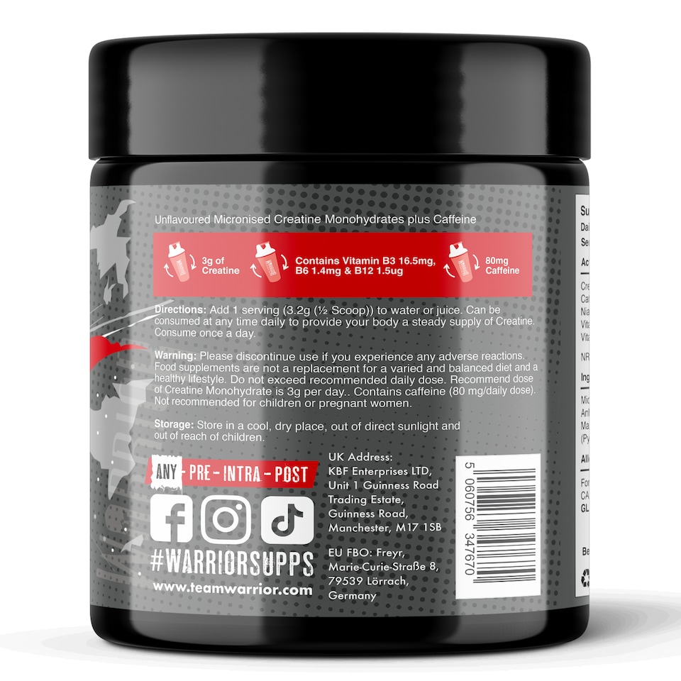 image 1 of Warrior Creatine + Energy – 3g Creatine, 80mg Caffeine & B-Vitamins for Strength, Focus & Stamina – Unflavoured, 360g (112 Servings)