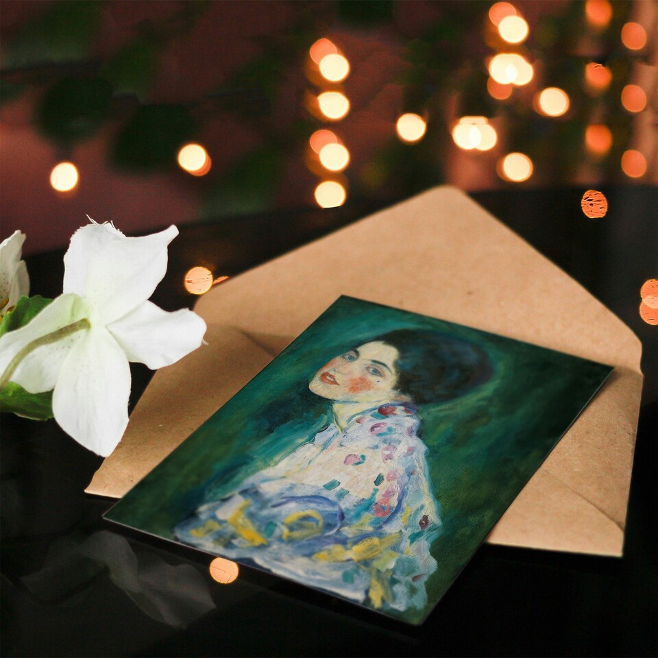 image 1 of Gustav Klimt Art Card Portrait of a Lady in Floral Dress