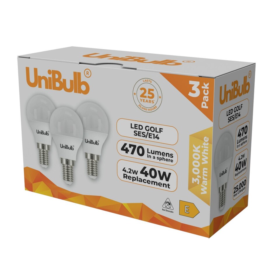 image 1 of UniBulb LED Golf Ball E14 470lm 4.2W 3000K (Warm White) Light Bulb - Pack of 3