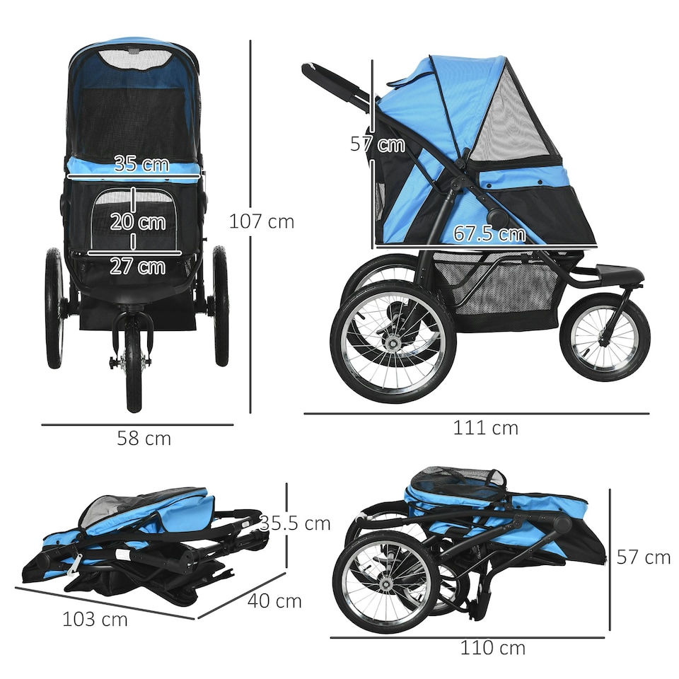 image 1 of PawHut 3 Wheel Pet Stroller, for Medium Small Dogs, Foldable Cat Pram - Blue