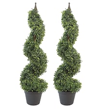 Pair of 90cm (3ft) Tall Artificial Boxwood Tower Trees Topiary Spiral Metal Top | Green | 3ft