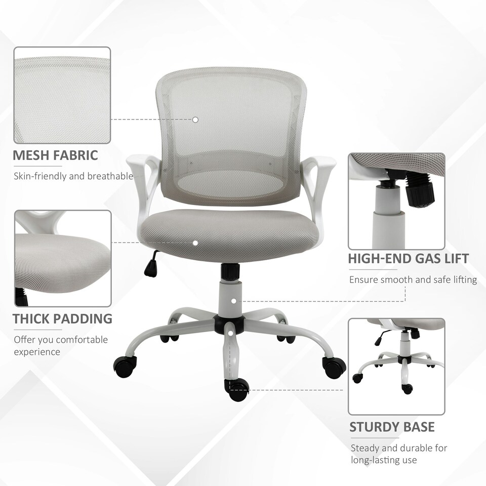 image 1 of Vinsetto Mesh Task Swivel Chair Home Office Desk w/ Lumbar Back Support, Grey