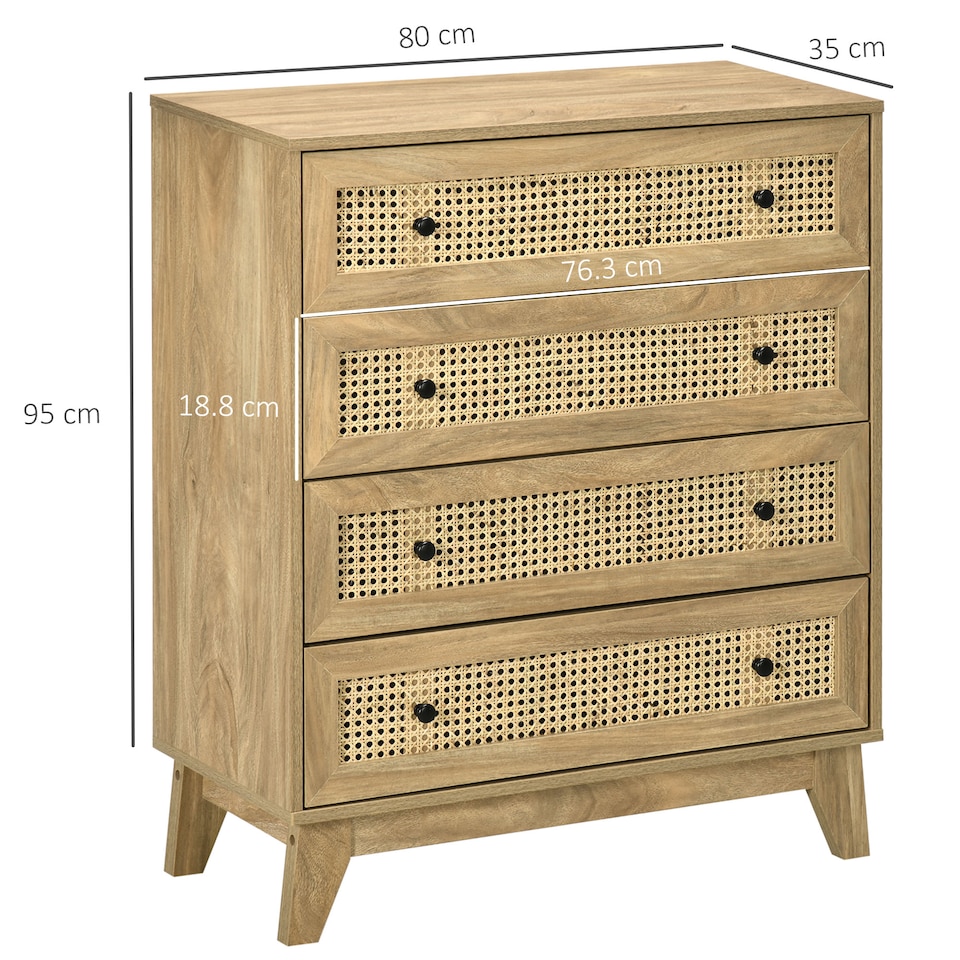 image 1 of HOMCOM Chest of Drawers, 4-Drawer Storage Organiser Unit with Rattan Element for Bedroom, Living Room, Wood Effect