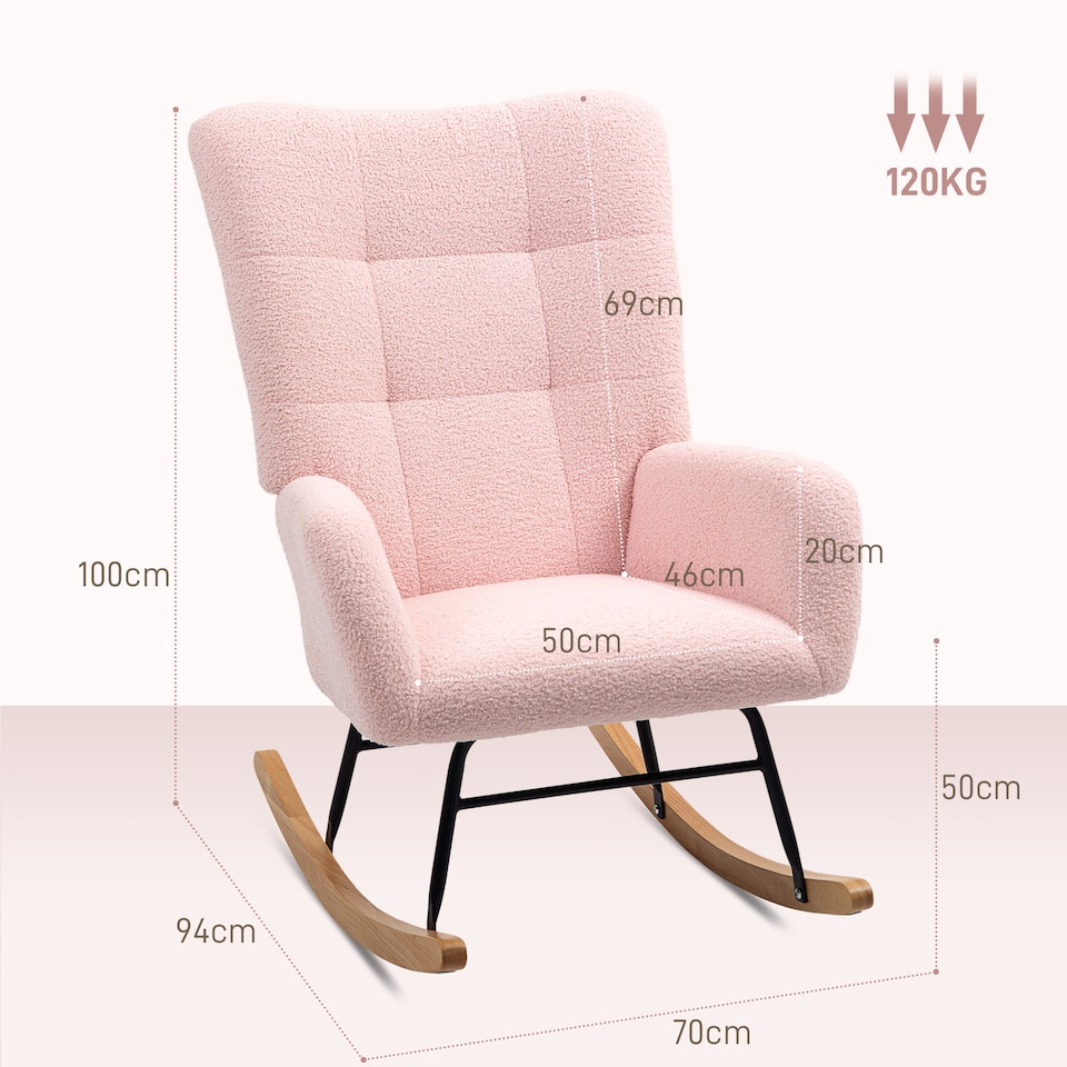image 1 of HOMCOM Rocking Chair, Teddy Upholstered Accent Chair, Modern Armchair with Wide Backrest and Rubberwood Base for Living Room, Bedroom, Light Pink | Pink | Hot pink