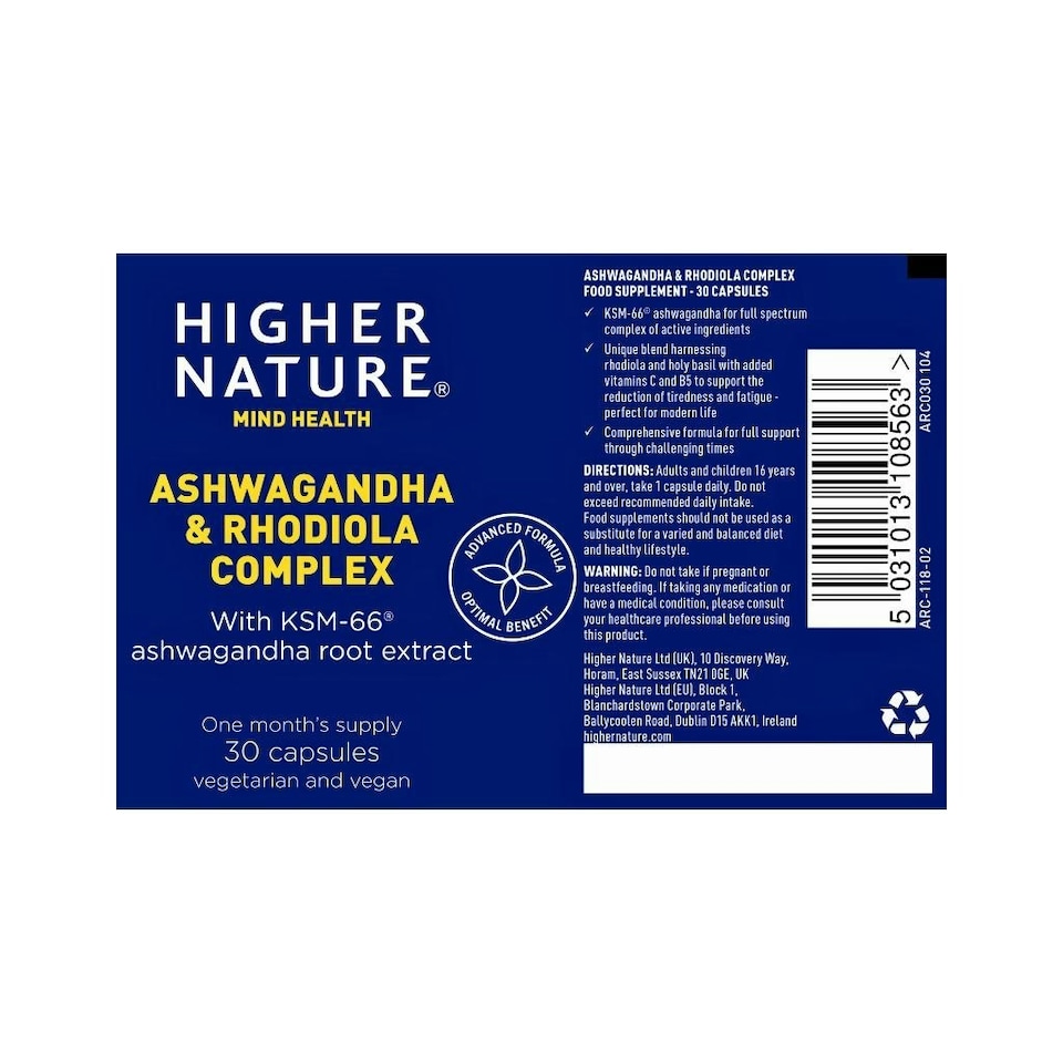 image 1 of Higher Nature Ashwagandha & Rhodiola Complex Caps 30