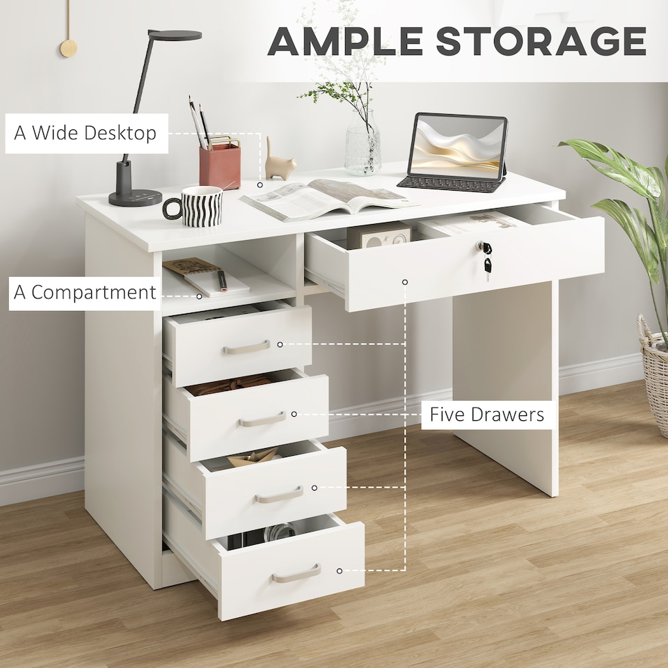 image 1 of HOMCOM Computer Desk, Home Office Desk with Lockable Drawer, Storage Shelf for Study Bedroom, 110 x 50 x 76 cm, White