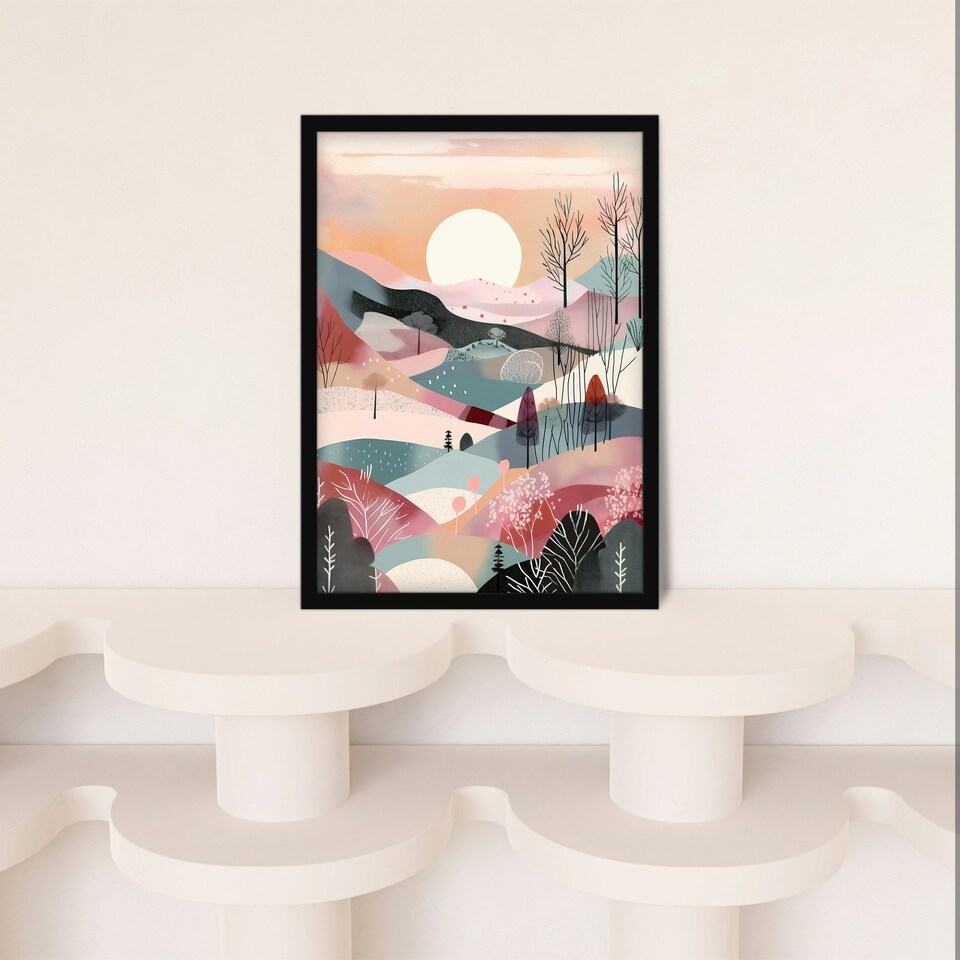 image 1 of Sunrise Over Countryside Hills Boho Winter Black Framed Wall Art Print A4