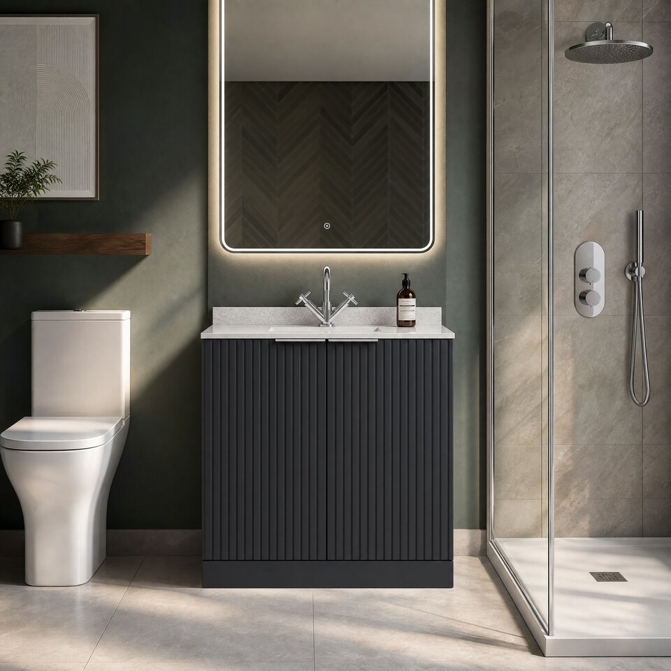 image 1 of Balterley Callingwood Contemporary Floor Standing 2 Door Vanity Unit with Marble Worktop with Basin , 800mm, Dark Grey