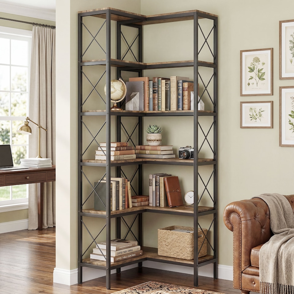 image 1 of HOMCOM L-Shaped Bookshelf, 5-Tier Bookcase with Metal Frame, Rustic Brown