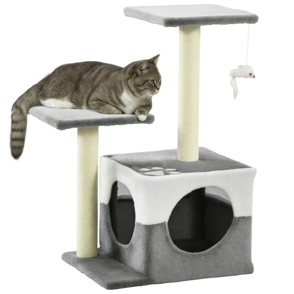image 1 of PawHut Cat Tree Tower Kitten House Scratching Post with Mouse Toy Grey