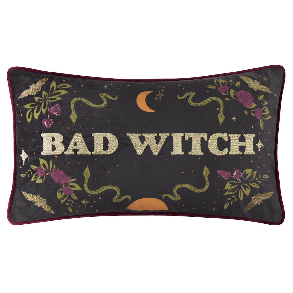 image 1 of Furn Bad Witch Embroidered Velvet Cushion | Black | Black Magic