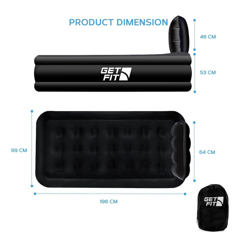 image 1 of Get Fit Air Bed With Built In Electric Pump - Premium Single Airbed - Quick Blow Up Bed With Headboard & Free Inflatable Pillow | Black | Black Mono | 1