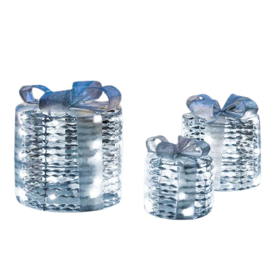 image 1 of Set of 3 Battery Operated Silver Christmas Glitter Twist Gift Boxes with Cool White LEDs