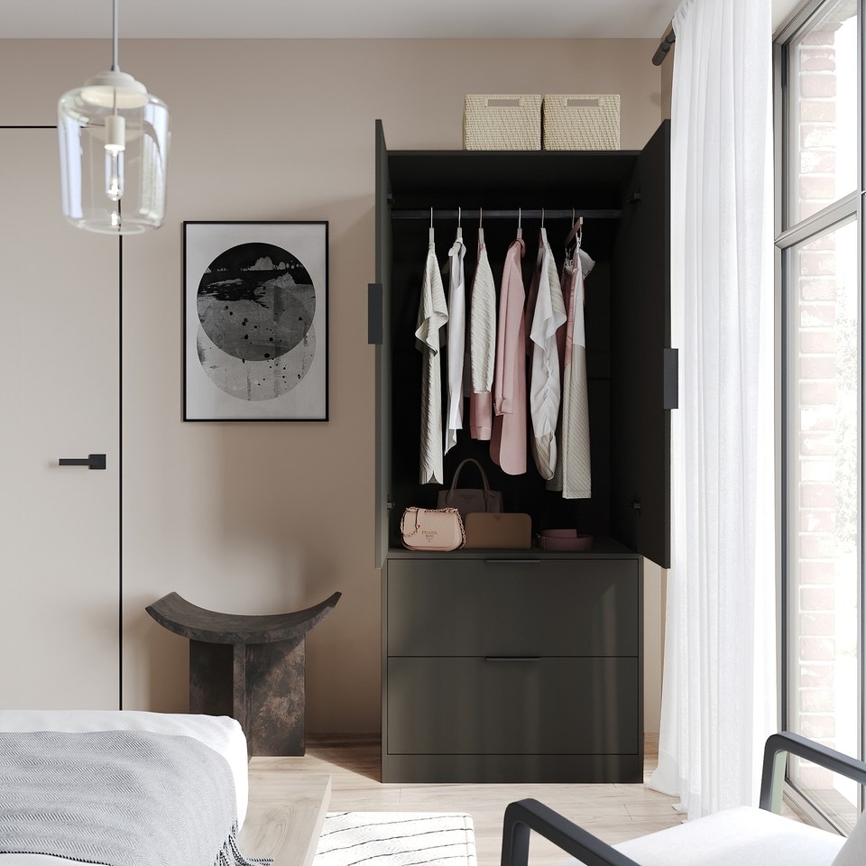 image 1 of FUJI 2 Door 2 Drawer Minimalist Bedroom Wardrobe Storage & Hanging Rail 180cm | Multi | Black | 1