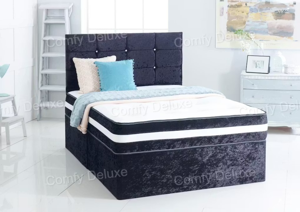 image 1 of 6ft Superking  Black Crushed Velvet Divan Bed Set Orthopaedic Mattress with Cube Headboard  2 Drawers Same Side