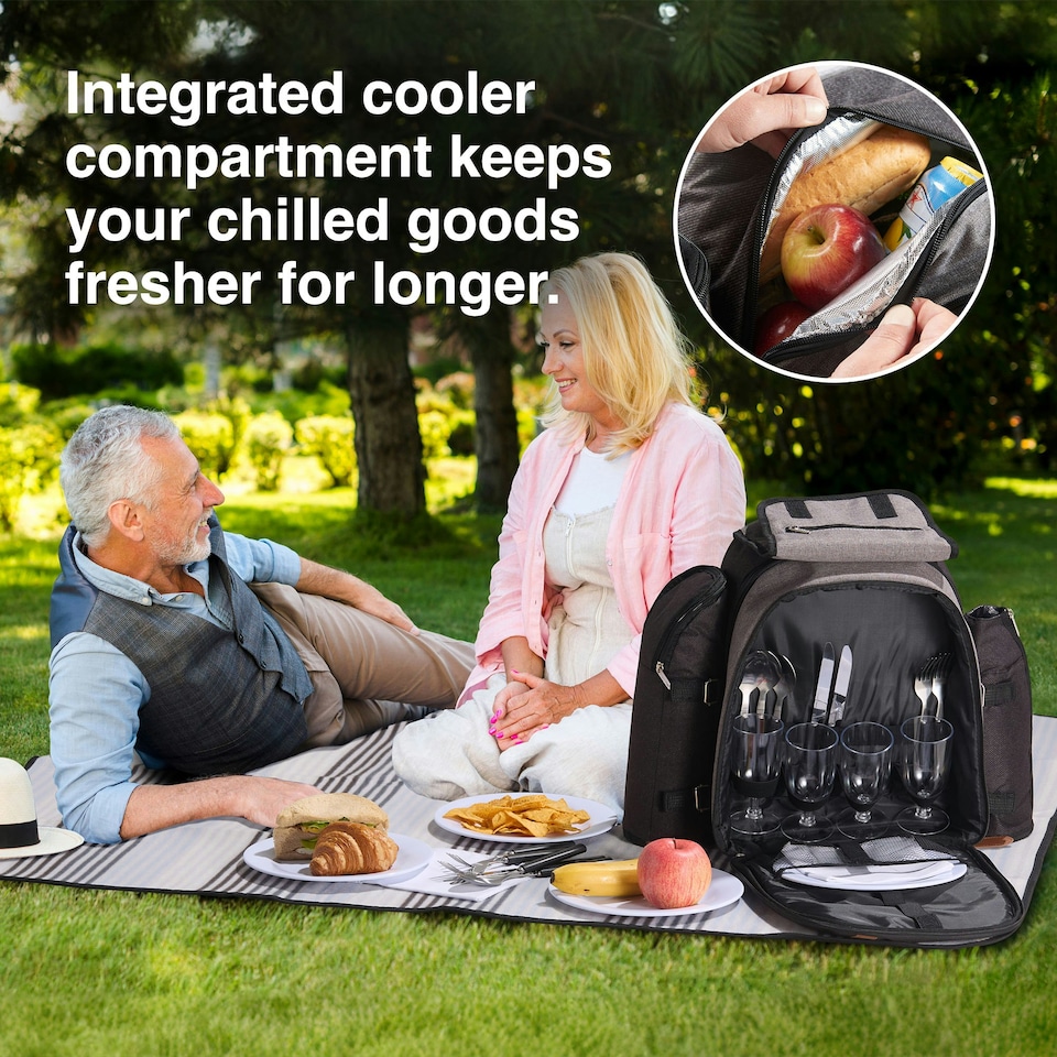 image 1 of VonShef Picnic Backpack, 4 Person Grey Insulated Picnic Bag with Dining Set