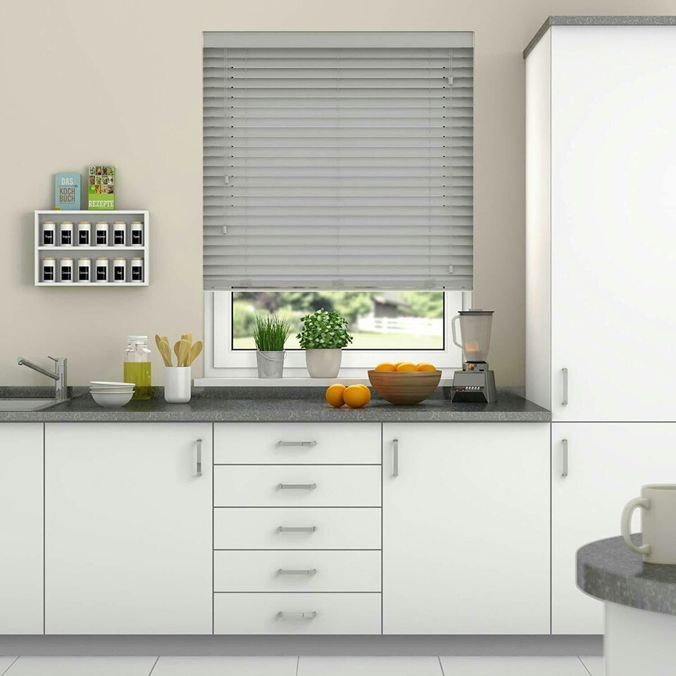 image 1 of 200cm Dove Grey Smooth Finish Faux Wood Venetian Blinds with Strings  (120cm Drop) | Grey | Grey