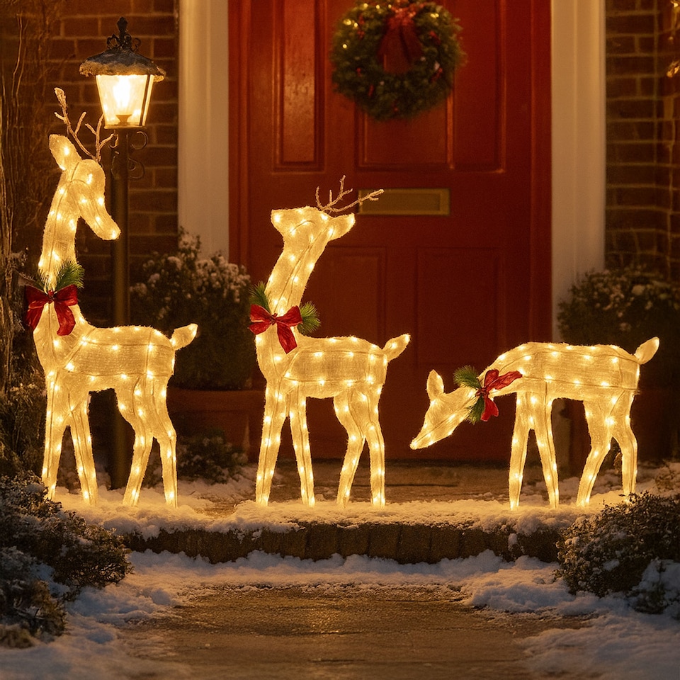 image 1 of Neo Set of 3 LED Lighted Reindeer Christmas Decorations Indoor Outdoor Holiday Yard Décor 210 Dual LED Lights Timer Weather Resistant Frame Festive Red Bows & Greenery
