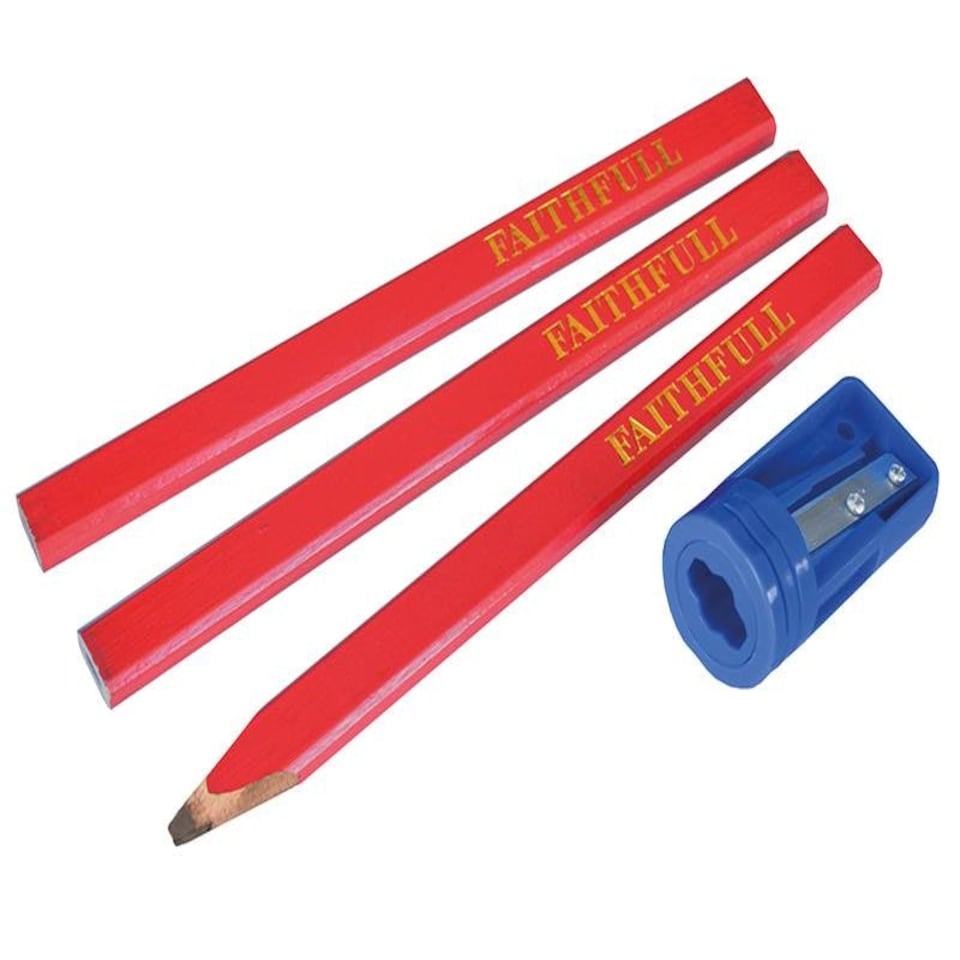 Faithfull Carpenter'S Pencils Red (Pack Of 3 + Sharpener)