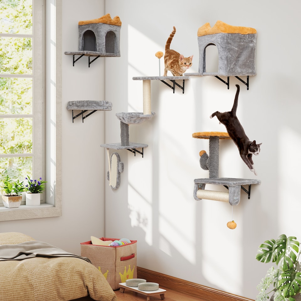 image 1 of COSTWAY Wall-Mounted Cat Tower Set Space Saving Grey
