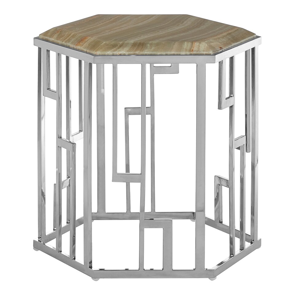 image 1 of Stainless Steel Base Hexagonal Side Table, Natural Onyx Top Small Bedside Table, Contemporary Side Table Cream