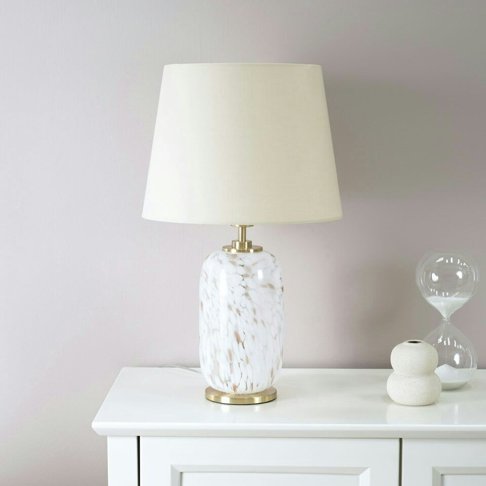 image 1 of ValueLights India Beige Tapered Shade on Rounded White Confetti Glass Table Lamp with Bulb