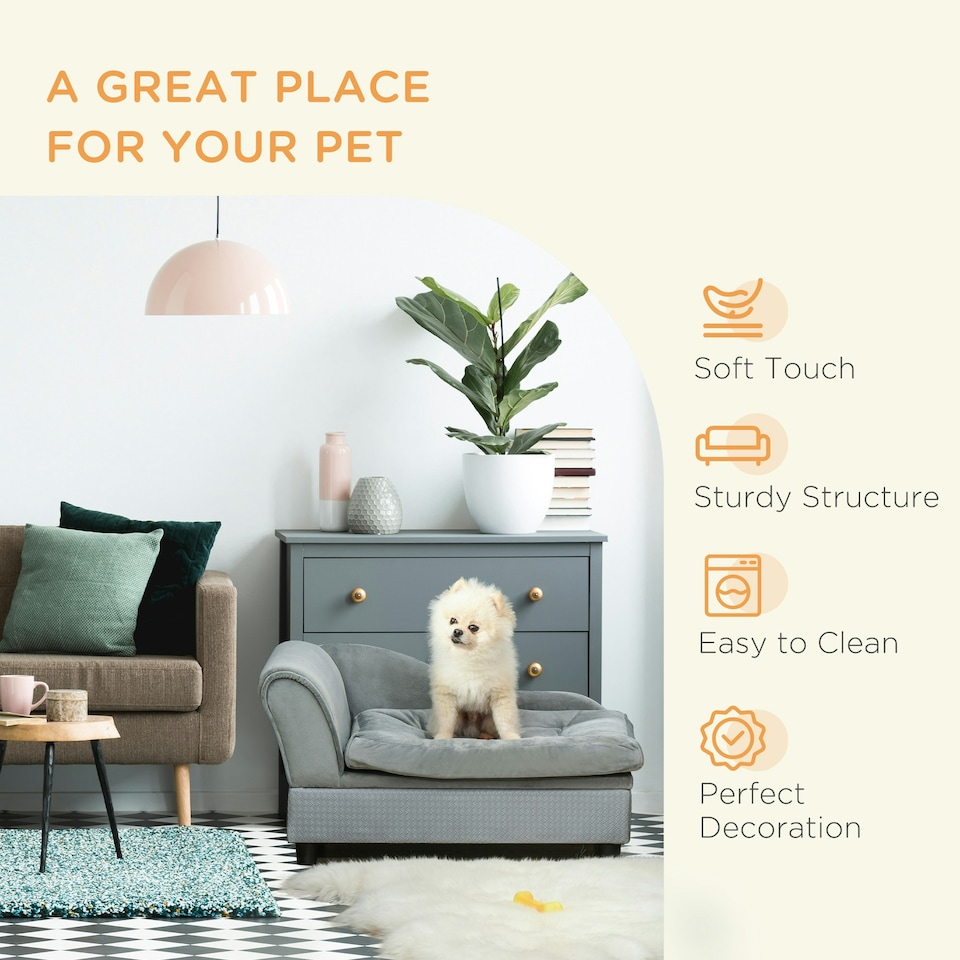 image 1 of PawHut Pet Sofa Dog Chair Cat Couch w/ Storage, Cushion - Light Grey