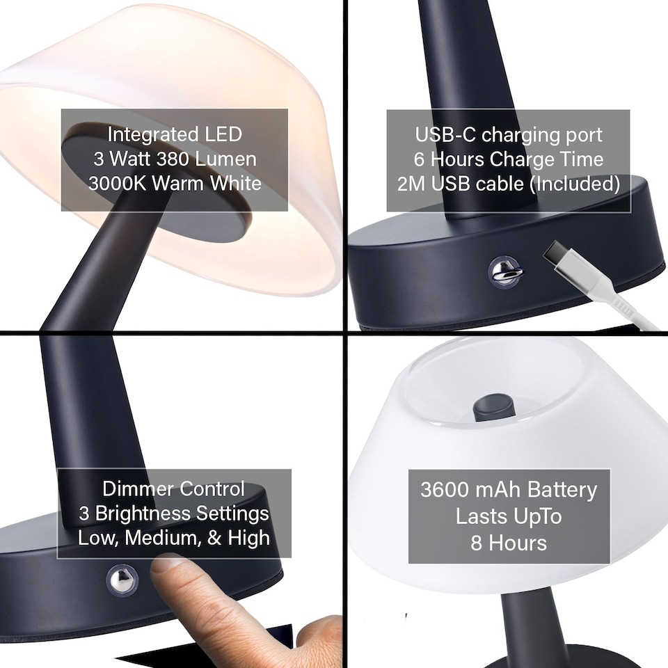 image 1 of Matt Black Rechargeable Touch Dimmable Table Lamp with Opal White Domed Shade | Black | Black | 1