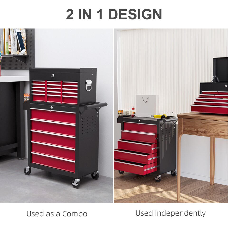image 1 of HOMCOM Rolling Tool Chest Lockable Roller Cabinet with with 14 Drawers Red