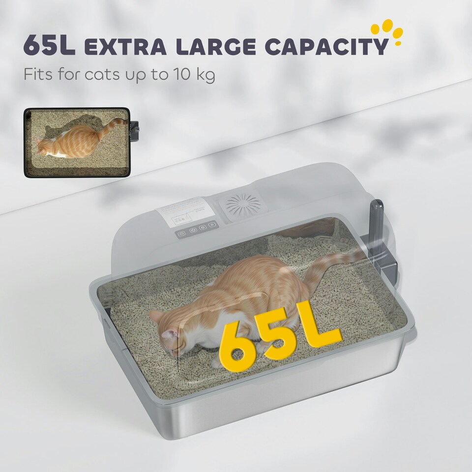image 1 of PawHut 65L XL Stainless Steel Litter Tray with Plasma Deodoriser System Grey | One Size