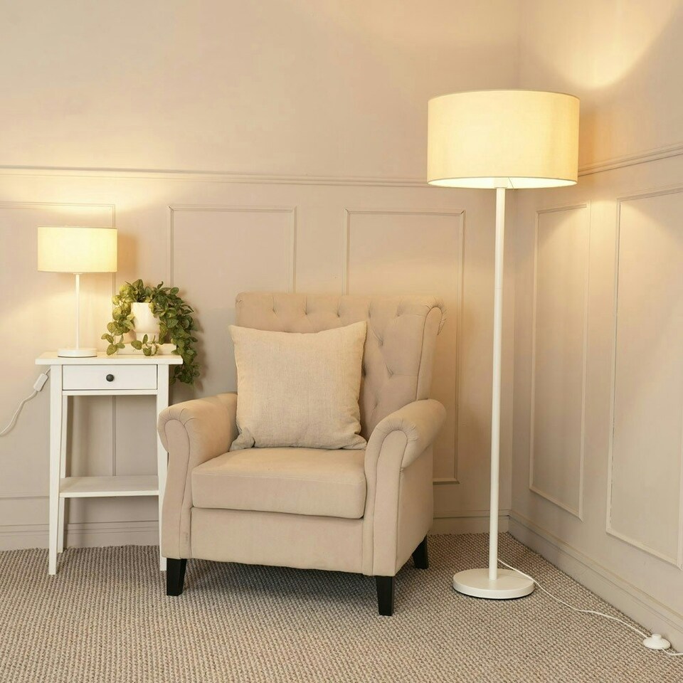 image 1 of ValueLights Charlie White Stem Table Lamp Natural Shade & Bulb Cream