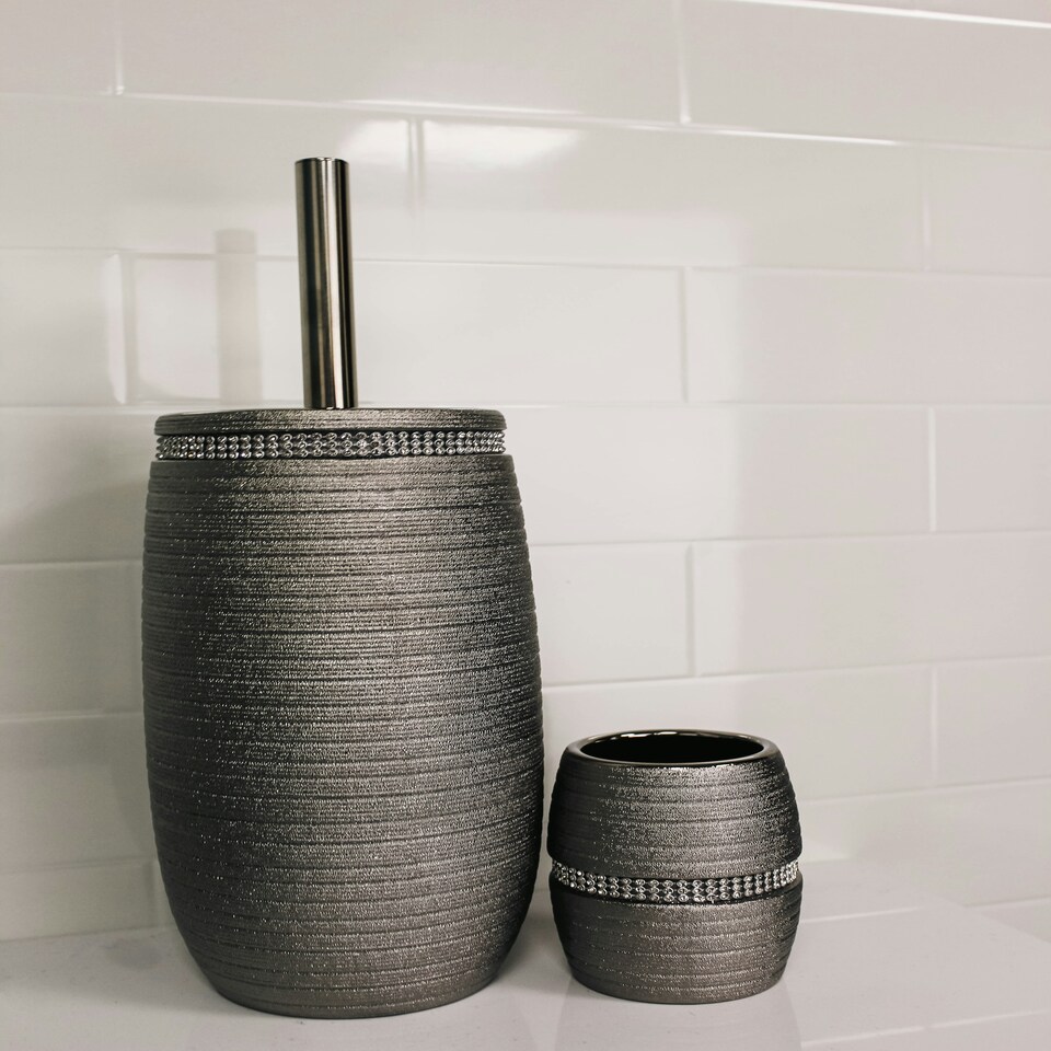 image 1 of Showerdrape Pzazz Silver Diamante Toilet Brush & Sink Tumbler Bathroom Accessory Set