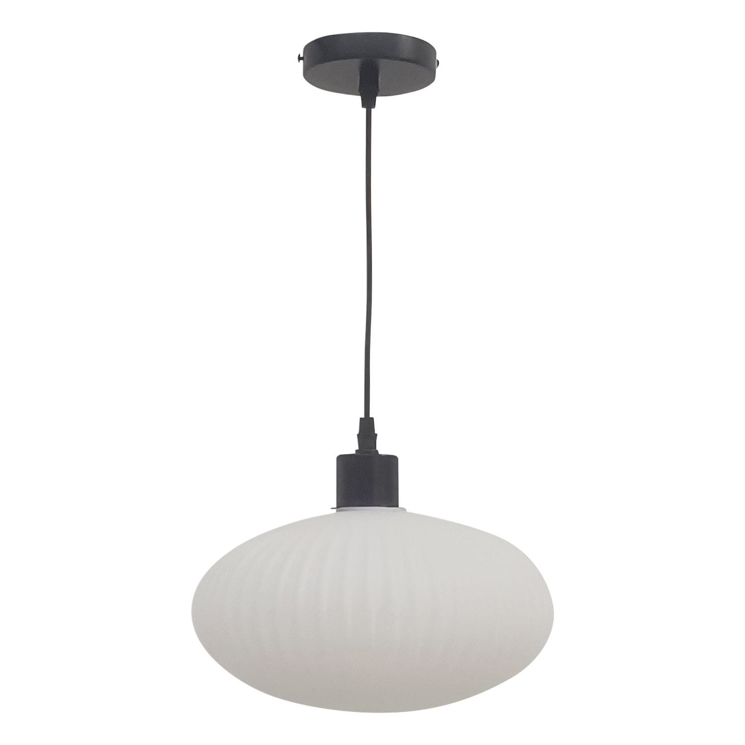 First Choice Lighting Baton - White Ribbed Oval Glass with Black Pendant Fitting