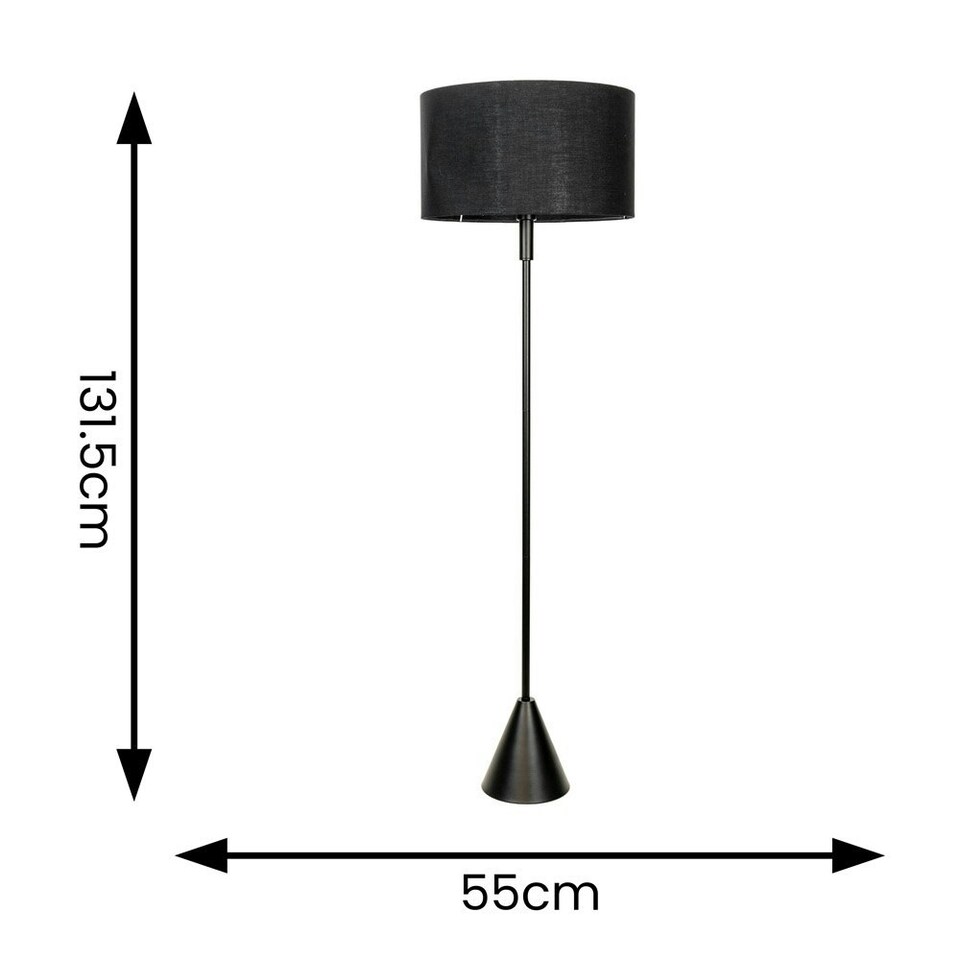 image 1 of ValueLights Mitch Black Fabric Drum Lamp Shade Black Wood Single Stem Triangle Floor Lamp Black