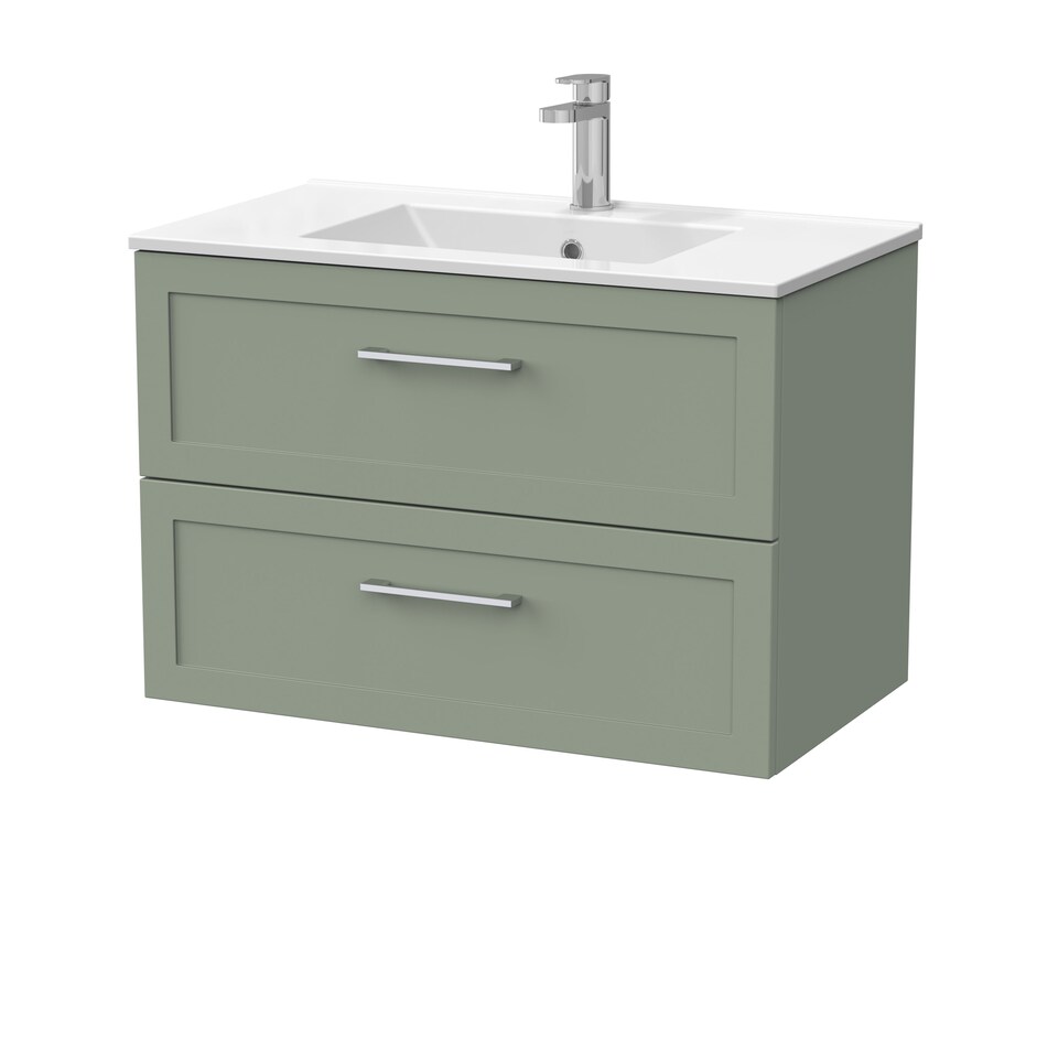 image 1 of Balterley Stonnall Traditional Wall Hung 2 Drawers Vanity Unit with Minimalist Ceramic Basin, 800mm, Reed Green