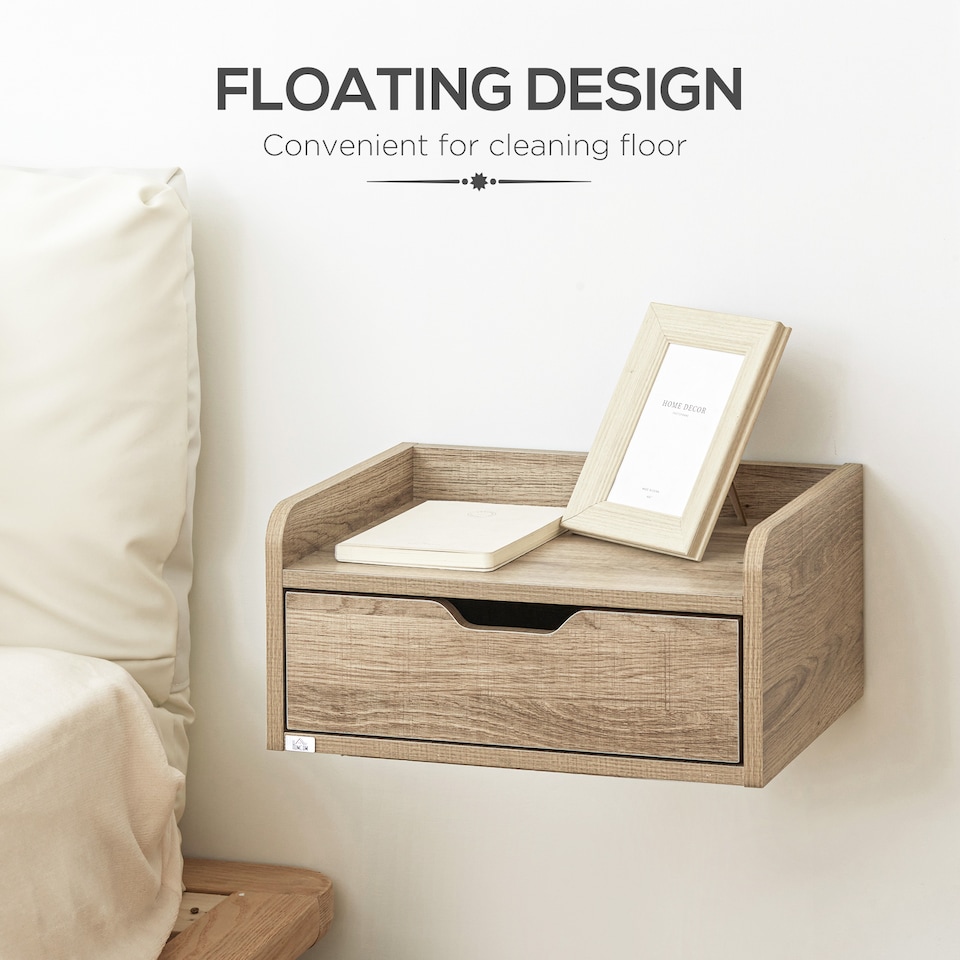 image 1 of HOMCOM Floating Nightstands Set of 2, Wall Mounted Bedside Table with Storage Drawer for Bedroom, Natural