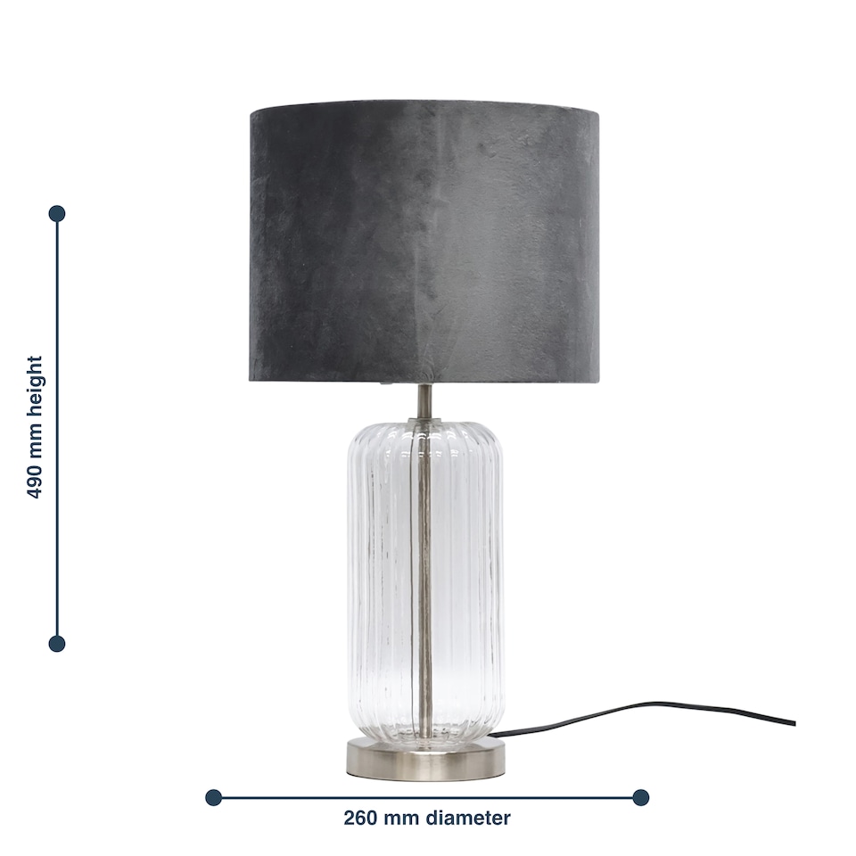 image 1 of Walpole - Fluted Glass Brushed Chrome 49cm Table Lamp with Grey Shade | Chrome | Satin nickel plate with clear glass detail and grey velvet | 1