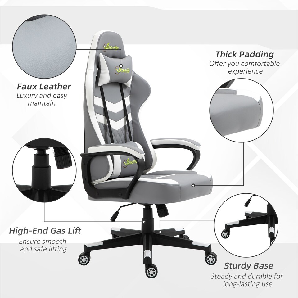 image 1 of Vinsetto Gaming Chair, Computer Desk Chair with Lumbar Support, Faux Leather Racing Chair with Headrest and Swivel Wheels for Home Office, Grey White