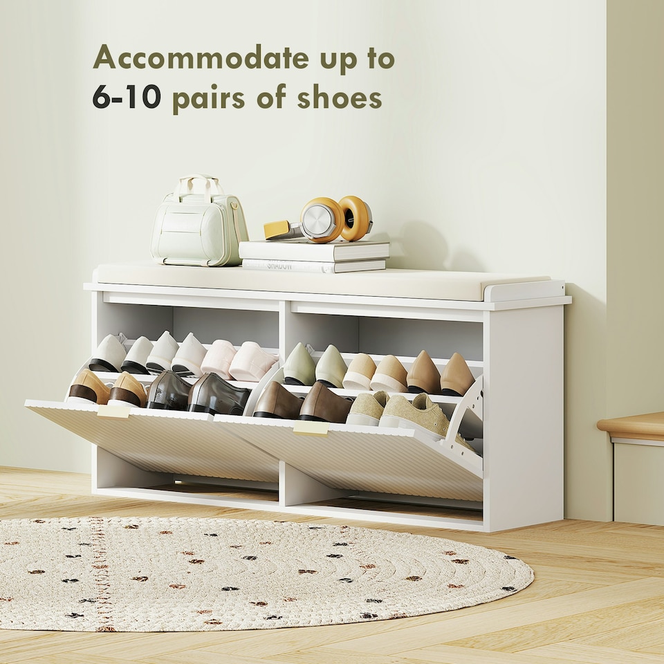 image 1 of HOMCOM Shoe Storage Bench with Cushion and Flip-Drawer 104x26x47.5cm White Green